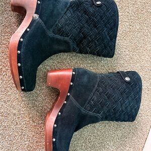Ugg Black Suede Woven Platform Ankle Boots with Brown Wood Heel